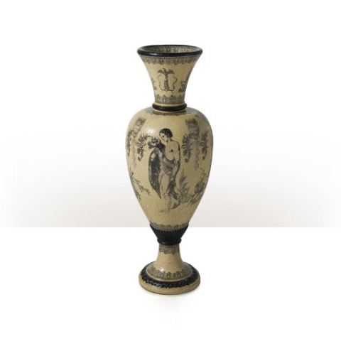 A grisaille découpage and ebonised tall vase