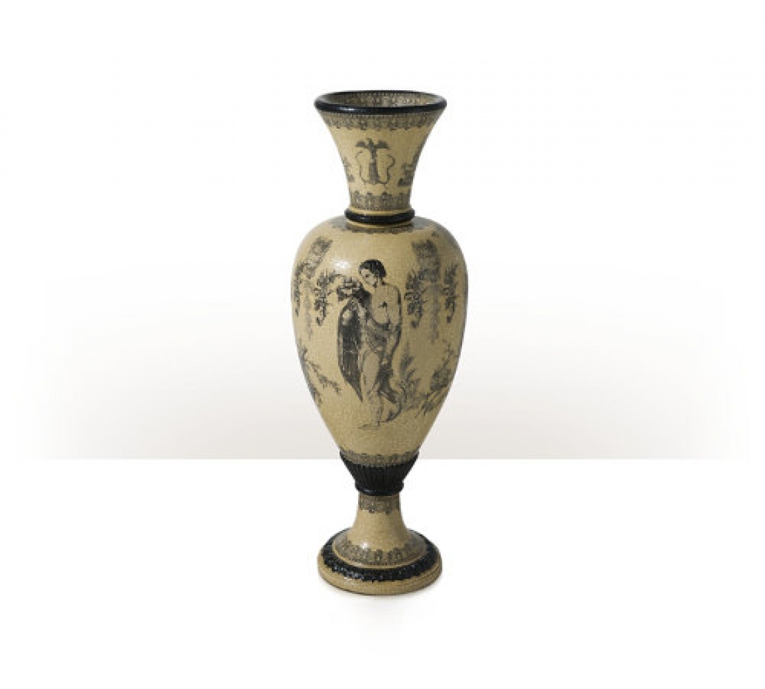 A grisaille découpage and ebonised tall vase