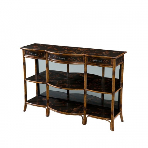 A bamboo and black lacquer three tier console table