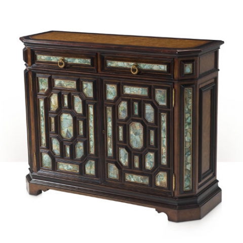 A pollard burl and turquoise stone panelled side cabinet
