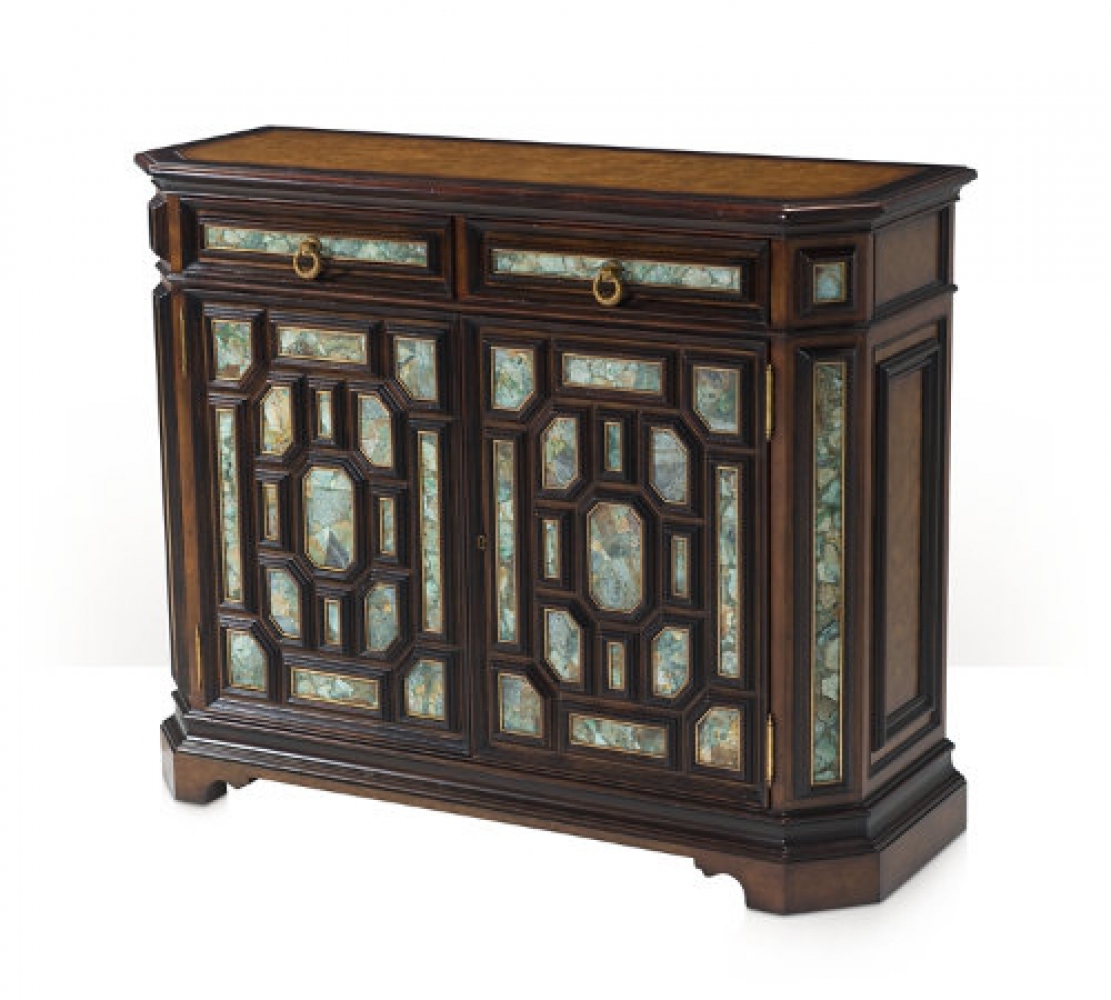 A pollard burl and turquoise stone panelled side cabinet